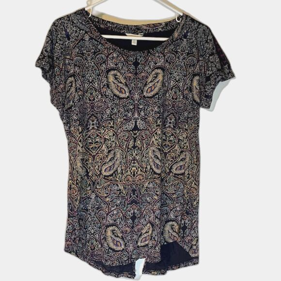 Lucky Brand Modern Boho Chic Paisley Blouse Blue Purple Yellow Print Back Slit S - Picture 1 of 6